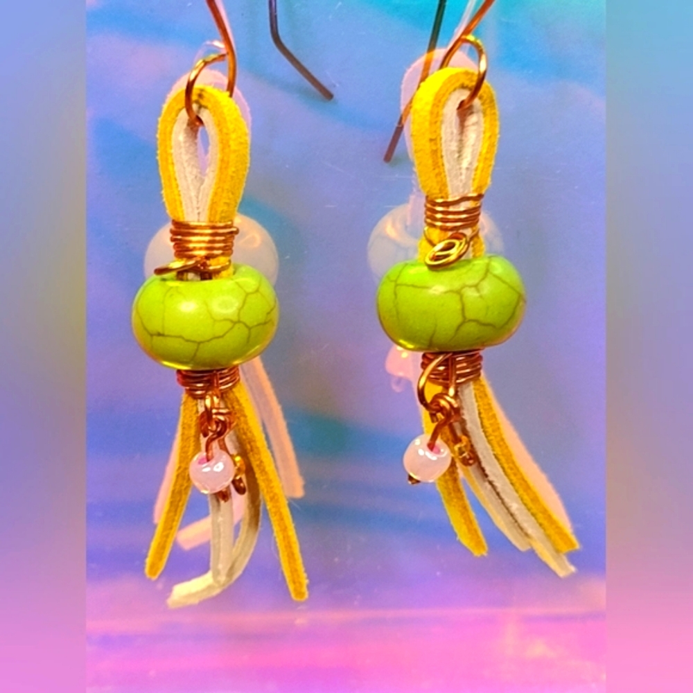 Copper wire wrapped beaded faux leather corded earrings green, yellow